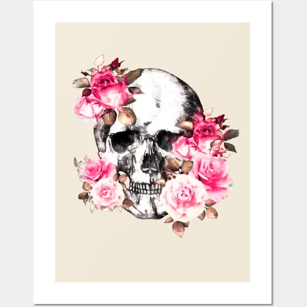 Floral skull for gothic girl, Floral Skull with pink roses, watercolor style, botanical anatomy Wall Art by Collagedream